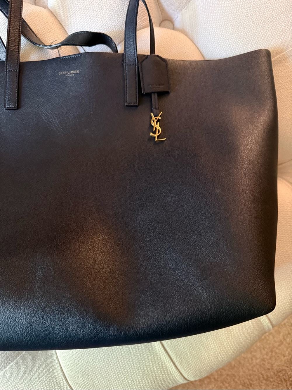 Yves Saint Laurent Navy Leather Shopping Tote with Gold YSL Tag & Inner Clutch - Picture 7 of 11